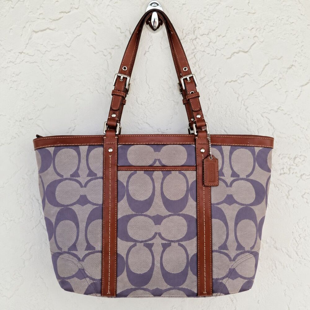 Coach Womens 2008 Signature Gallery Tote F13097 Purple Jacquard Leather Y2K